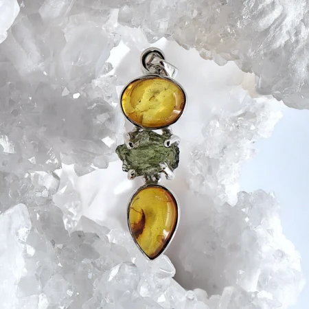HQ Moldavite & Amber Healing Crystal Pendant